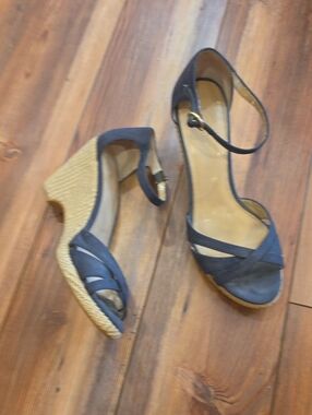 LOFT Navy Espadrille Wedge Sandals with Ankle Strap